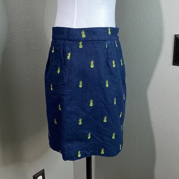 J. Crew Basketweave Cotton Mini Skirt Navy Blue Pineapple Print A0111 - Picture 9 of 11